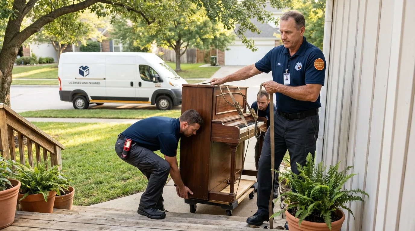 Licensed piano movers securing grand piano in Antelope, CA