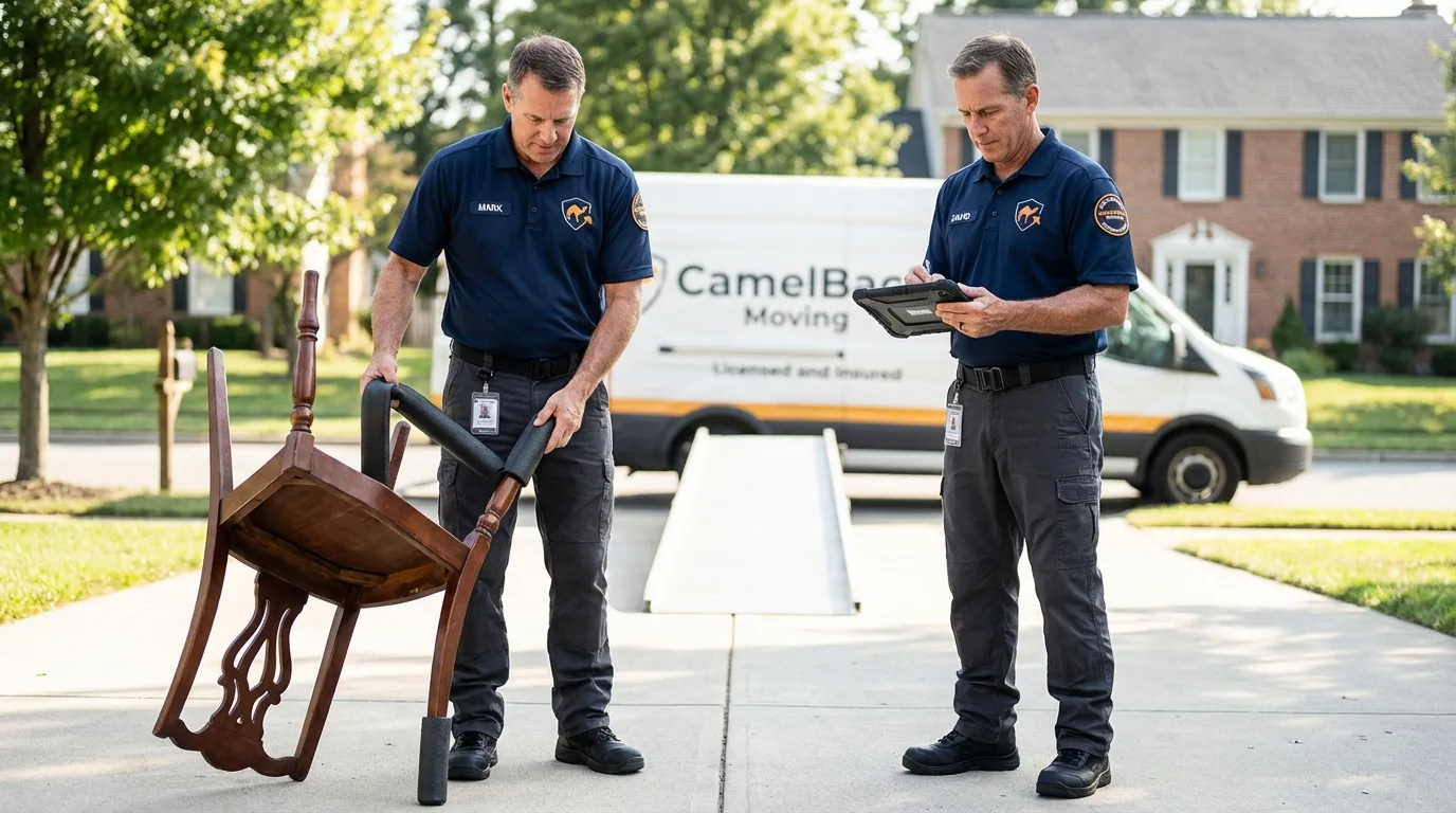 Movers inspecting furniture for damage prevention before loading in Antelope, CA