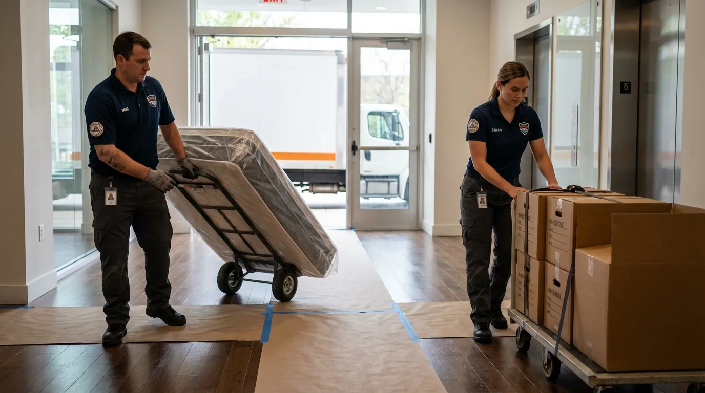 Professional apartment movers loading elevator in Antelope, CA